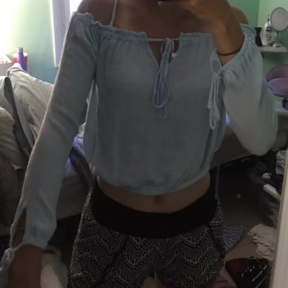 LA hearts blue off the shoulder top